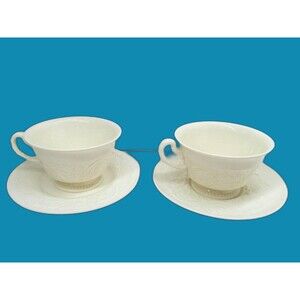 Wedgwood Patrician Ivory Cup And Saucer Set Of 2 Cups 4 Saucers 1 Dessert Plate